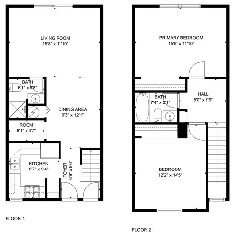 A floor plan of a two-story house with labeled rooms and dimensions.